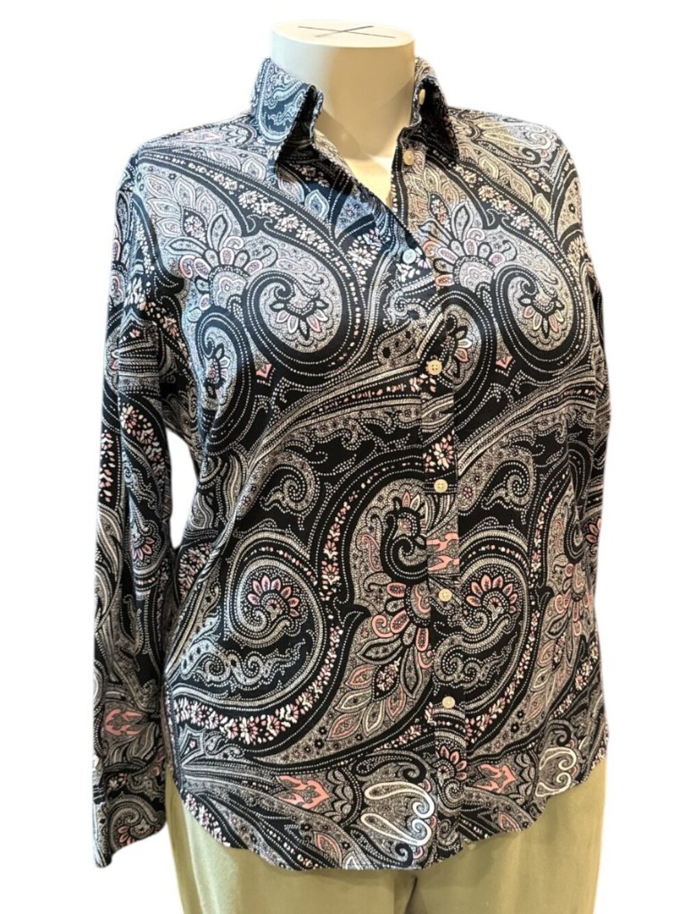 Chaps Classics Sz XL Black & Pink Paisley No Iron Collared Button-Up Blouse